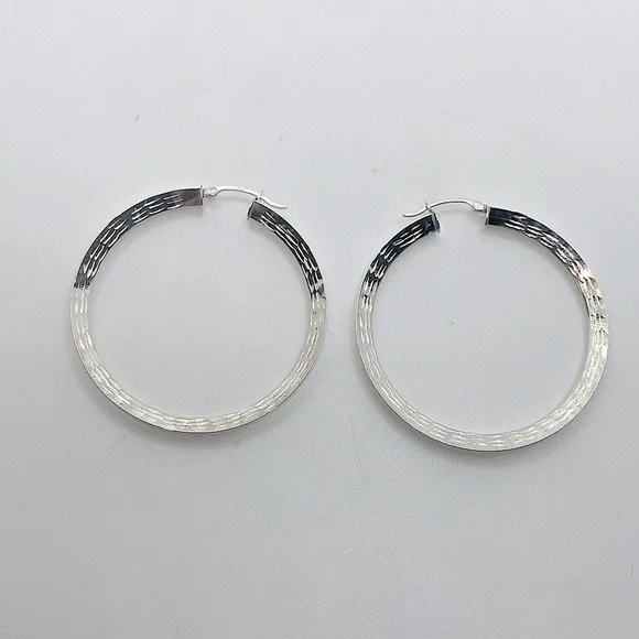 Vtg Sterling Silver Large Textured Etched Hoop Earrings / 2” - Picture 2 of 8